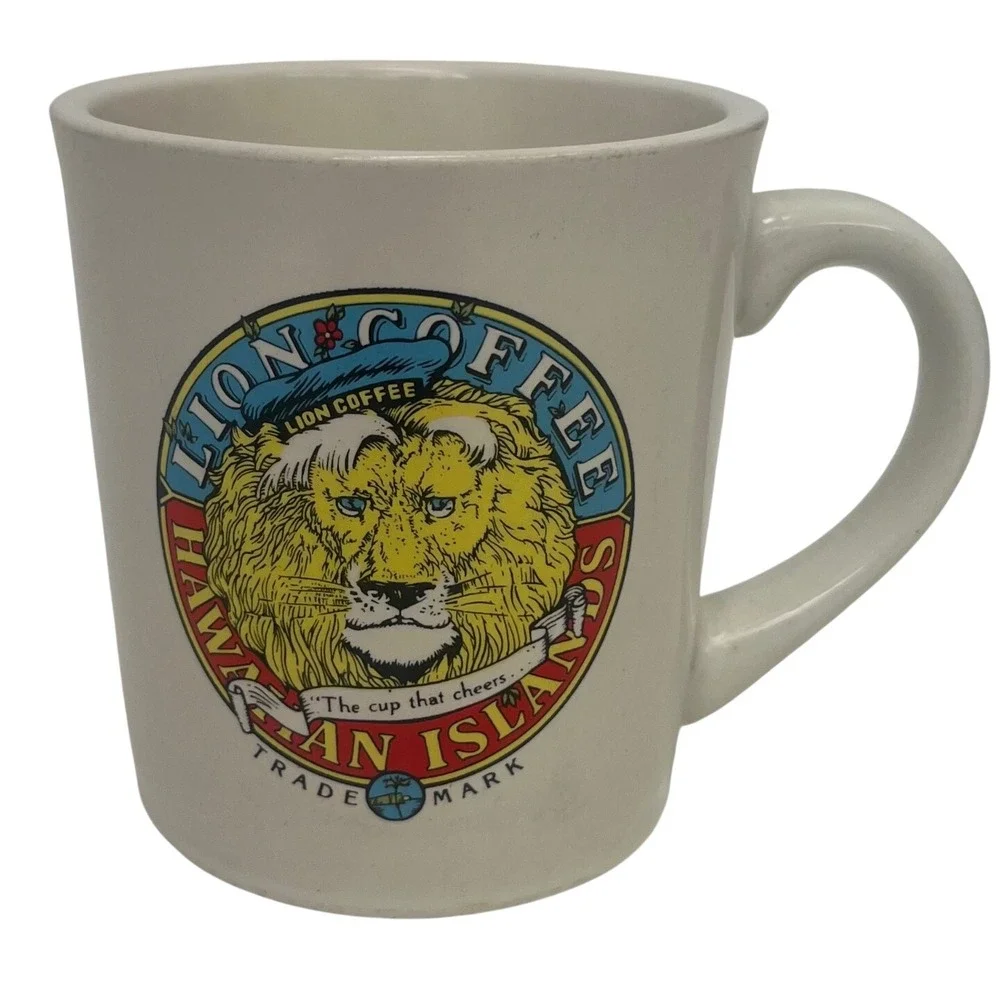 VTG Lion Coffee Hawaiian Island Heavy Ceramic Diner Mug Lion Crest Logo 80's